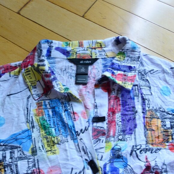 Ali Miles Art Wear Stretch Knit Button Up Shirt Short Sleeve City Print Size 1X - Picture 2 of 13
